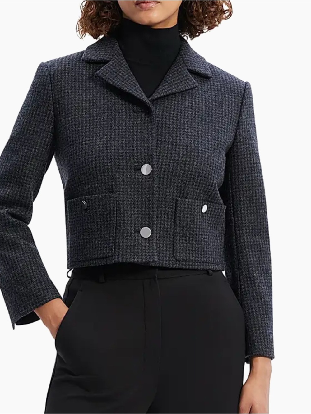 Theory Navy Blue Houndstooth Large Boxy Wool Crop Jacket Charcoal Melange 12